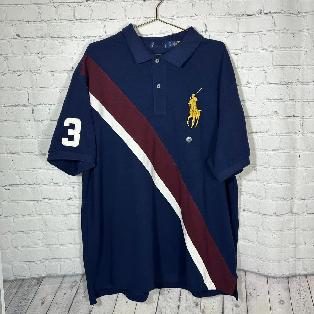 NEW Polo Ralph Lauren Mens 2XB Navy Blue Sash Stripe Big Pony Polo Shirt